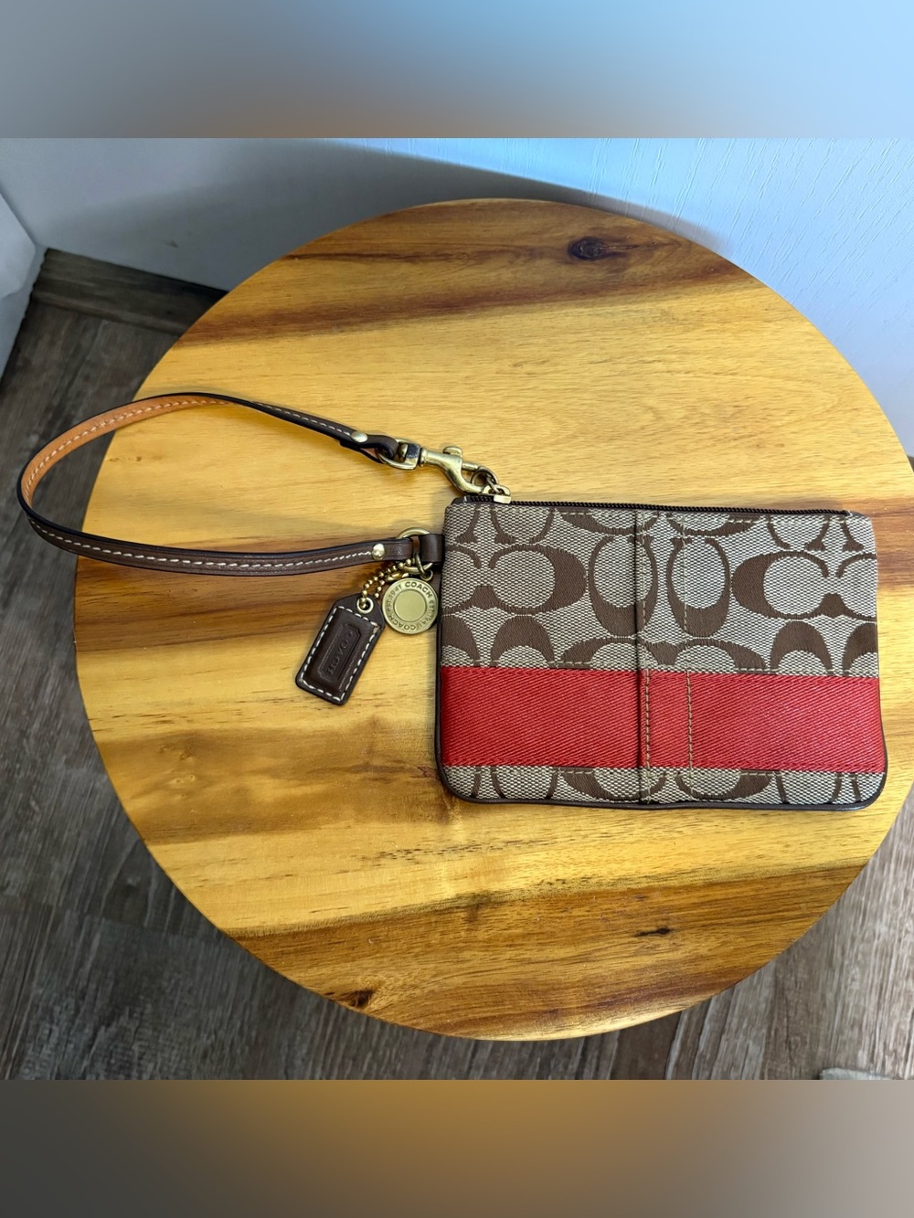 Coach Brown Signature Canvas Wristlet with Red Stripe and Leather Trim 4x6